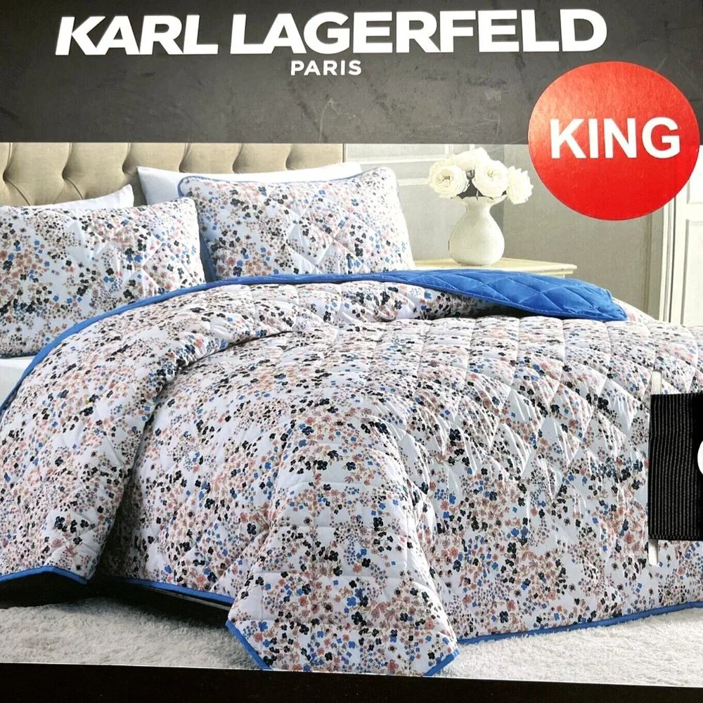 NWT KARL LAGERFELD 3pc Quilt Set + Shams Ditsy Floral King Comforter 102 x 86